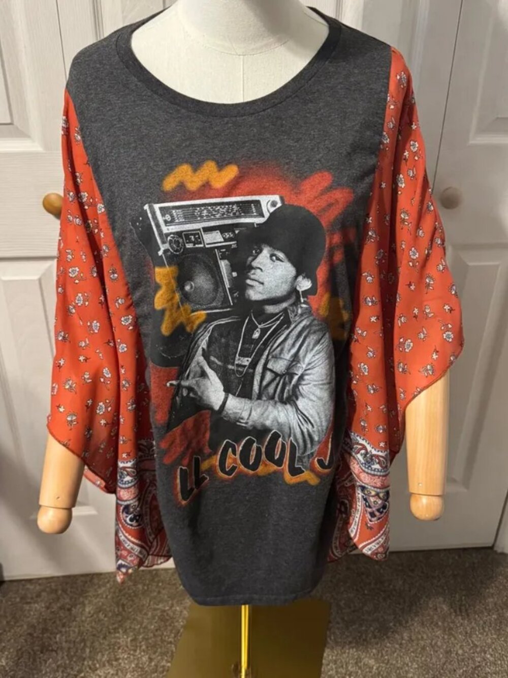LL Cool J Upcycled Graphic T-shirt with Flowy Printed Sleeves -OSFM